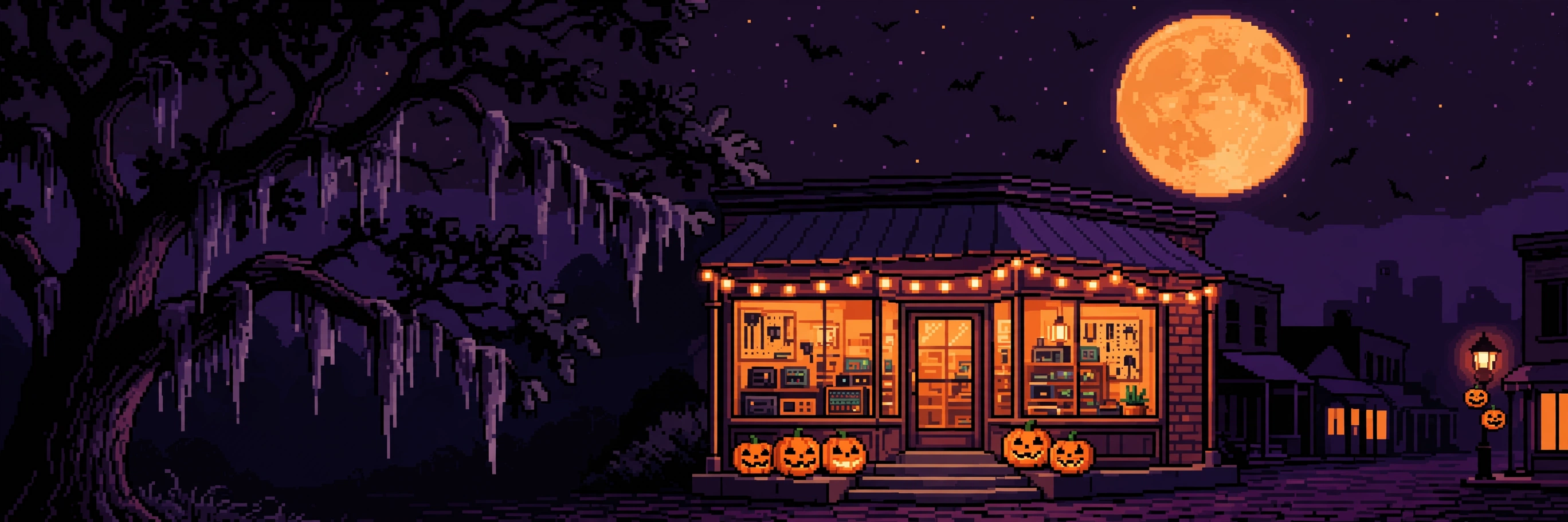 Pixel-art mascot of the shop owner waving hello behind the repair counter, under a wooden sign that reads 'Repairs You Can Trust'